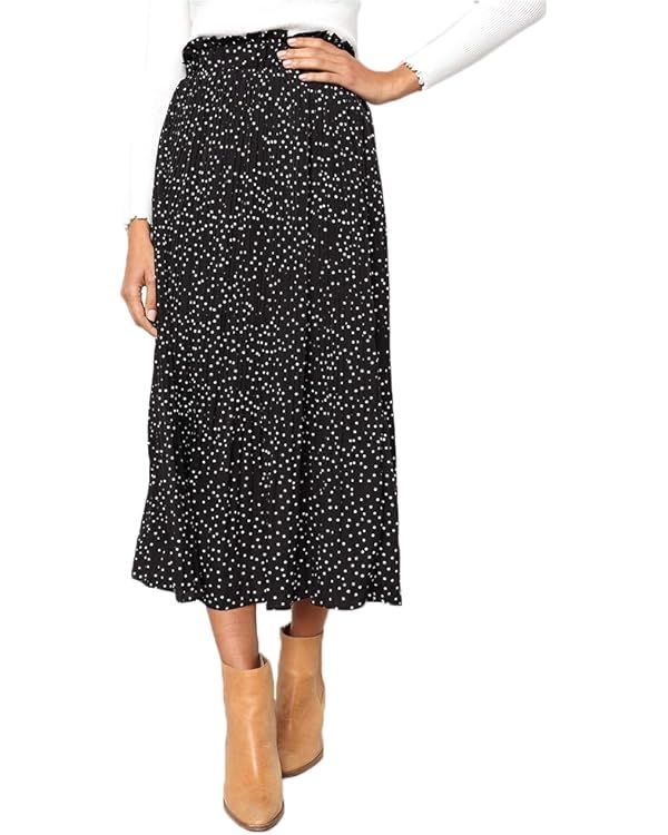 EXLURA Womens High Waist Polka Dot Pleated Skirt Midi Swing Skirt with Pockets | Amazon (US)