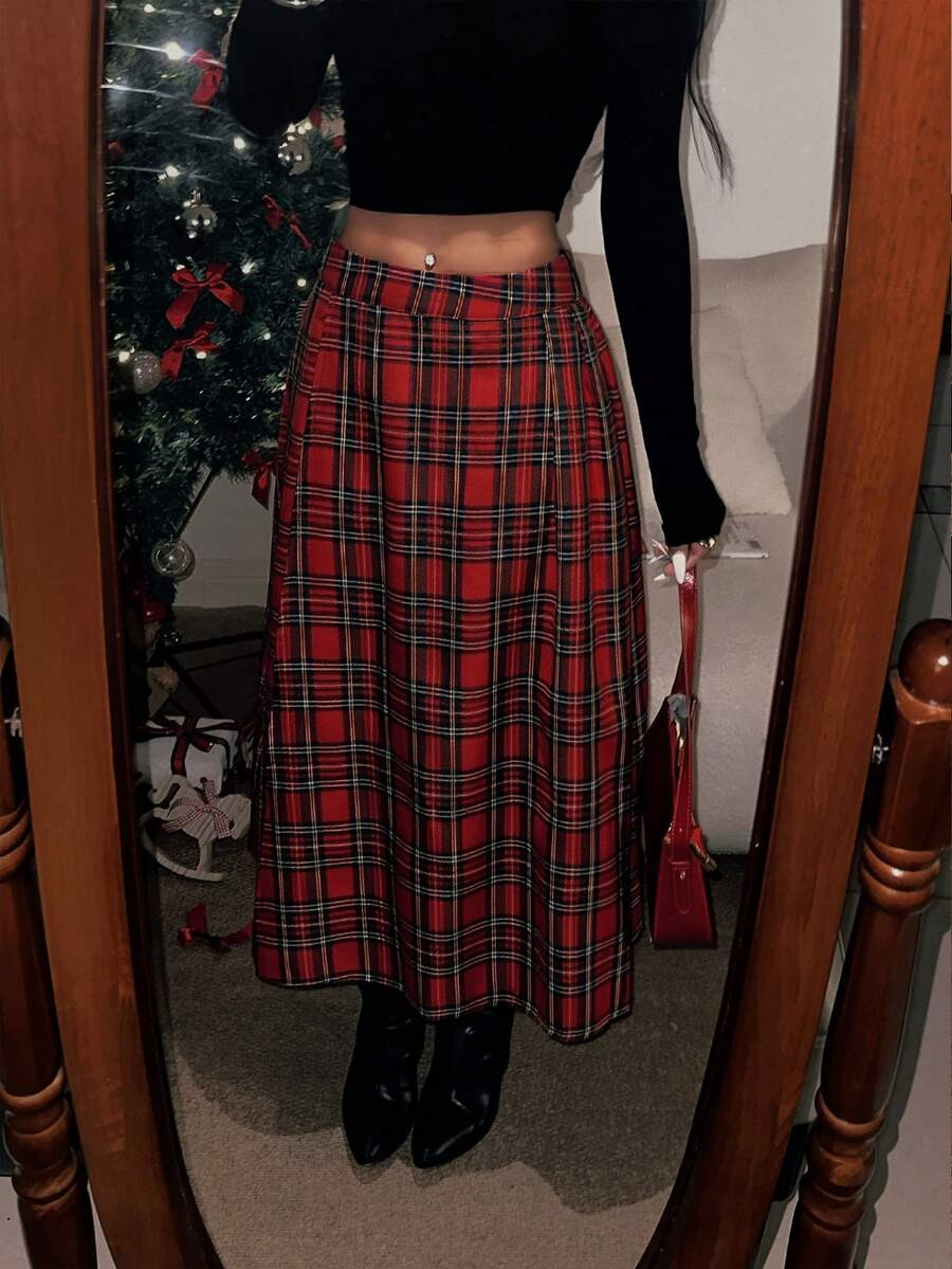 Rina Fox Christmas Red Checkered British Retro School Style Long Women's Skirt | SHEIN