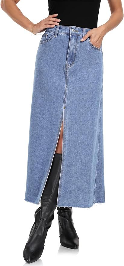 MISS MOLY Women's Maxi Long Denim Skirts High Waist Frayed Raw Hem Split A line Flare Jean Skirt ... | Amazon (US)