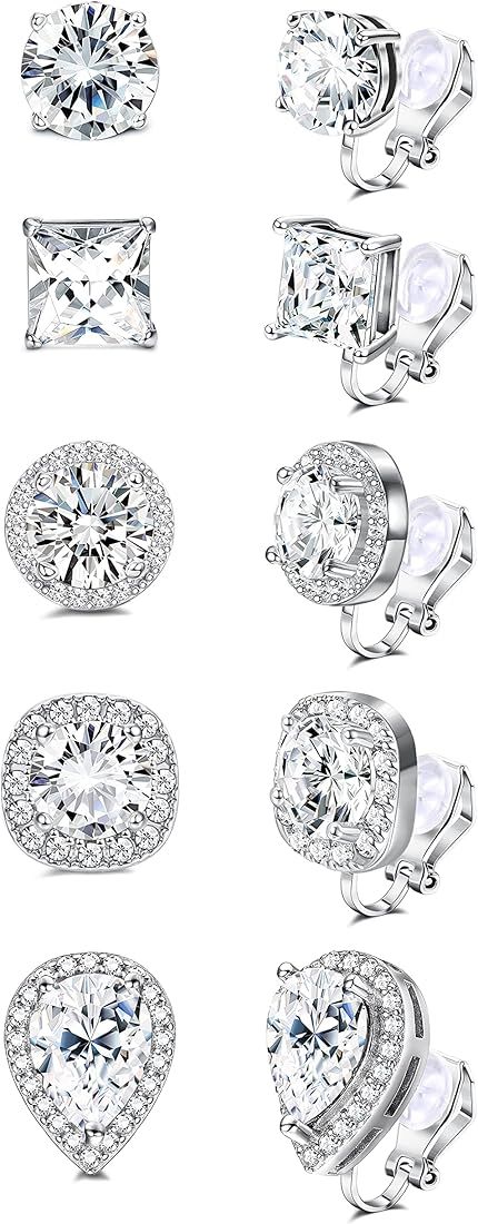 FASACCO Cubic Zirconia Clip on Earrings Women Non Pierced Earrings Silver Clip Earrings Clip on E... | Amazon (US)