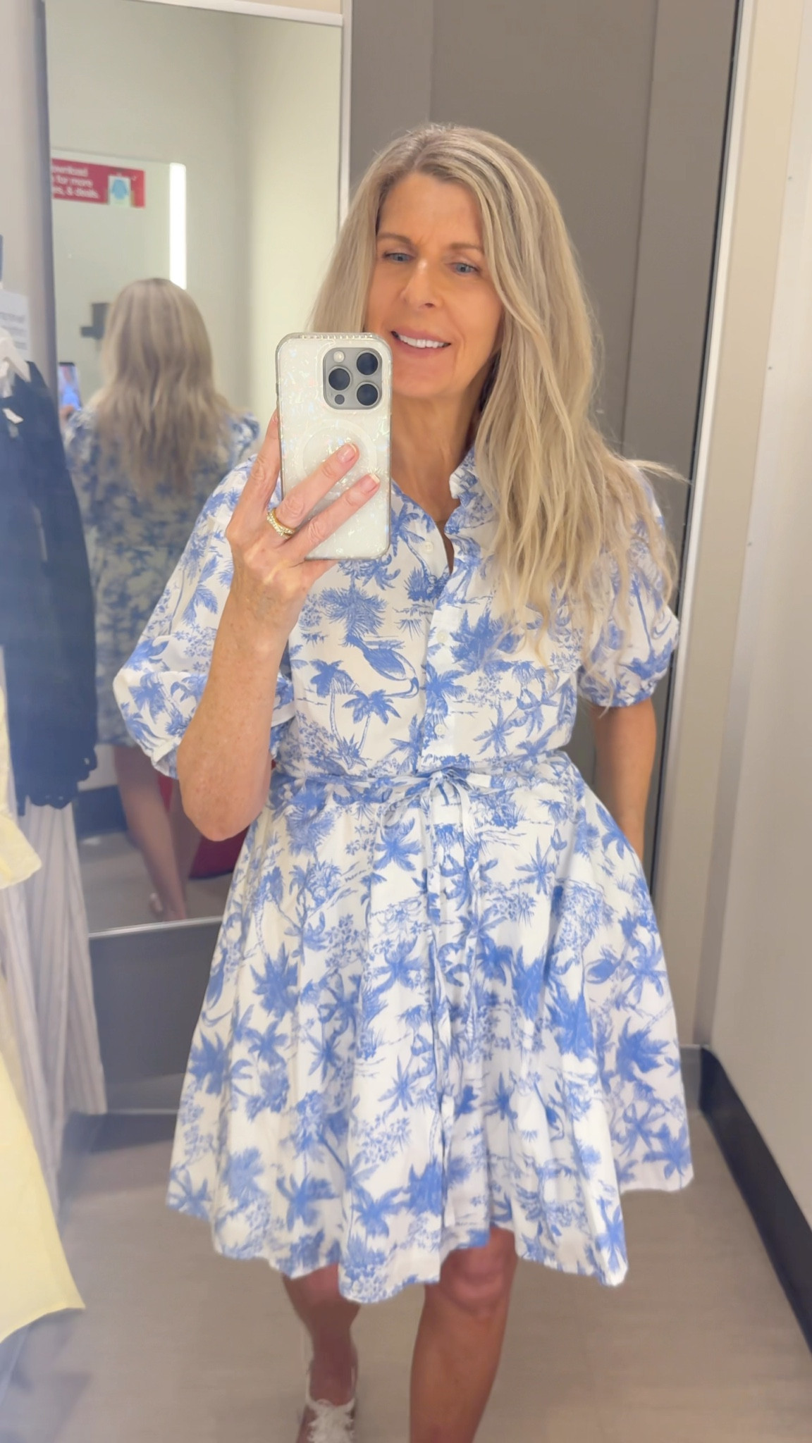 Summer dresses - Target find - Toile style blue & white pattern shirt dress with pockets - cotton - collared, button down, balloon short sleeves (love), tie belt at waist. Perfect Mother’s Day gift. Versatile casual to dressy - perfect for vacation, brunch, church, dinner! #LTKMothersDay

#LTKgrwm #LTKootd
