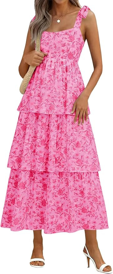 Wenrine Womens Summer Floral Maxi Dress Casual Tie Strap Sleeveless Ruffle Tiered Smocked Loose B... | Amazon (US)