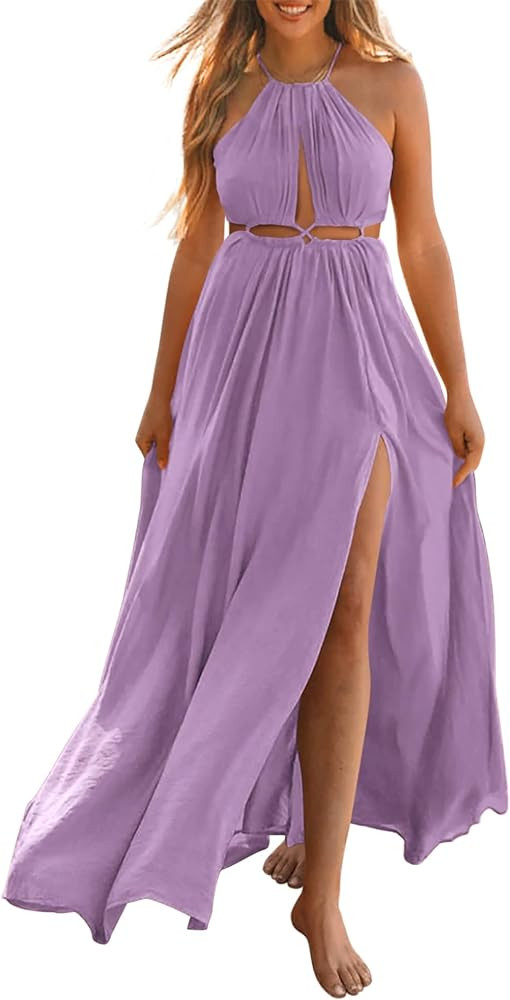 BTFBM Women Halter Summer Dresses 2025 Sleeveless Cutout Backless Sundress Slit Boho Casual Maxi ... | Amazon (US)