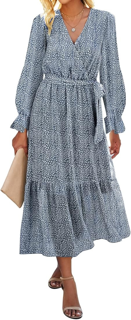 BTFBM Women's Casual Dresses Long Sleeve Wrap V Neck Floral Print Bohemian Swing A-Line Pleated H... | Amazon (US)