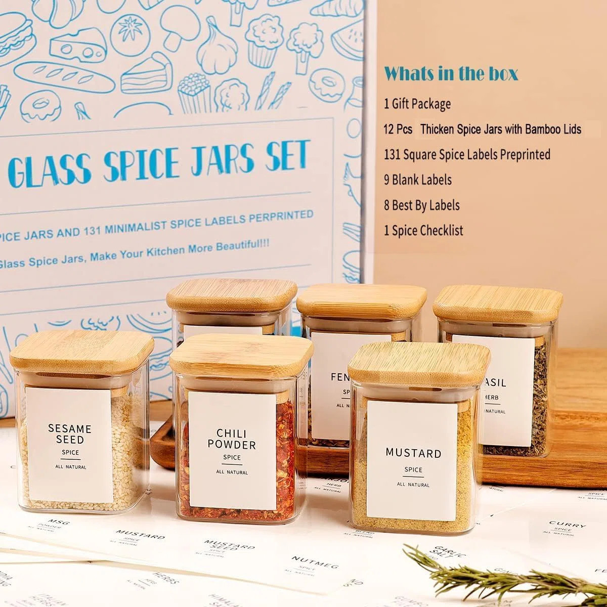 12 Pcs Square Glass Spice Jars with Natural Bamboo Lids - 5oz Airtight Herb Container | Wayfair North America