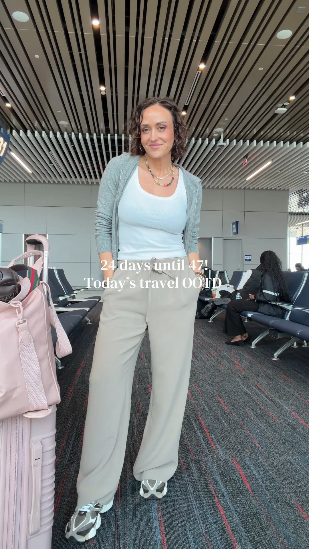 @Aritzia  lodge pants size S. Feels like a lounge pant, looks more elevated and doesn’t wrinkle! Fav @Quince zip hoodie sweater size S and new color of the new balance and as always my fav @beistravel luggage!! . 

Travel outfit, summer outfit, vacation, work wear

#LTKdayinmylife #LTKOver40 #LTKTravel