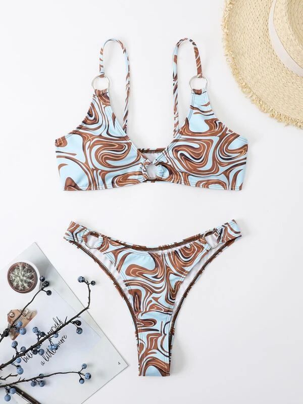 Random Allover Print Ring Linked Cheeky Bikini Swimsuit | SHEIN