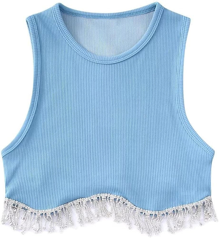 SAFRISIOR Women Rhinestone Trim Sleeveless Cropped Top Vest Crew Neck Rib Knit Crop Tank Top with Rh | Amazon (US)