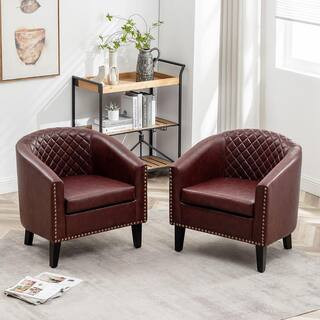 Red Tufted Faux Leather Small Club Bar Barrel Chair Set of 2 with Nailhead Trim | The Home Depot