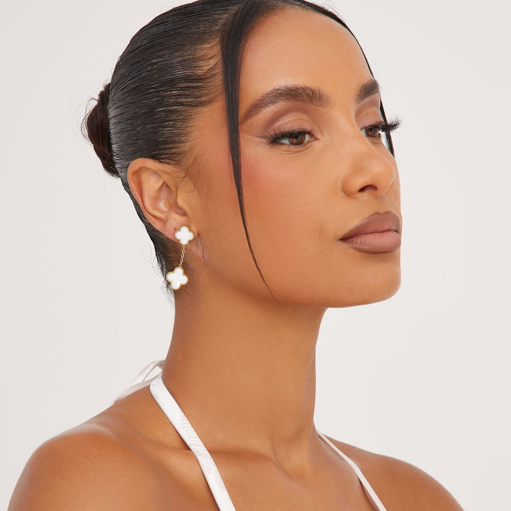 Flower Detail Drop Detail Earrings In White And Gold | EGO (UK)