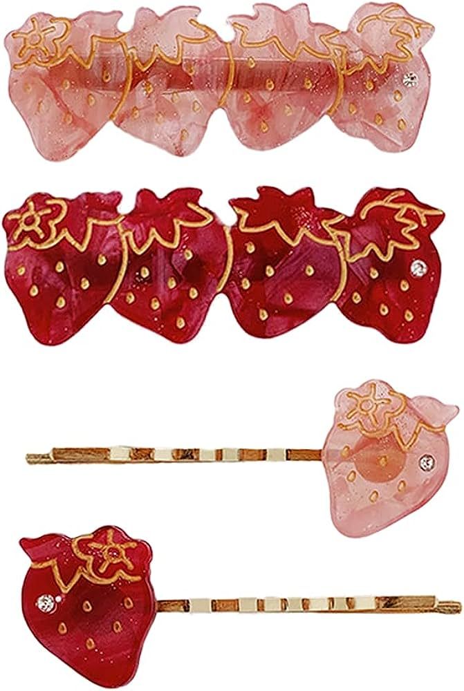 4 Pcs Cute Hair Clips with Strawberry Pattern MGPFERD Pink Resin Duckbill Clip Bangs Clips HairPin H | Amazon (US)