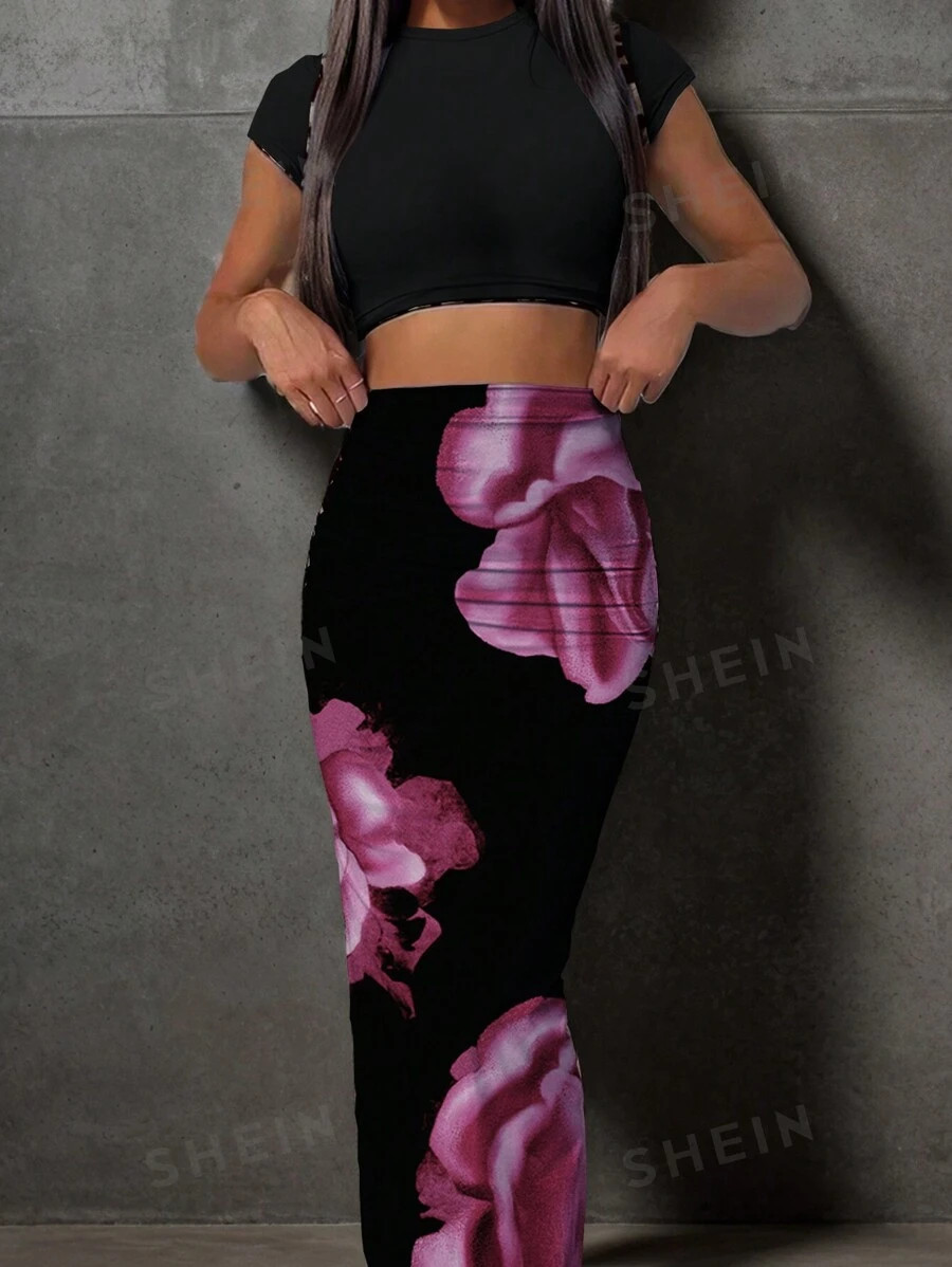 SHEIN Slayr 2pcs Women`S Casual Floral Pattern Fitted Crop Top T-Shirt & Maxi Skirt Set, Summer | SHEIN