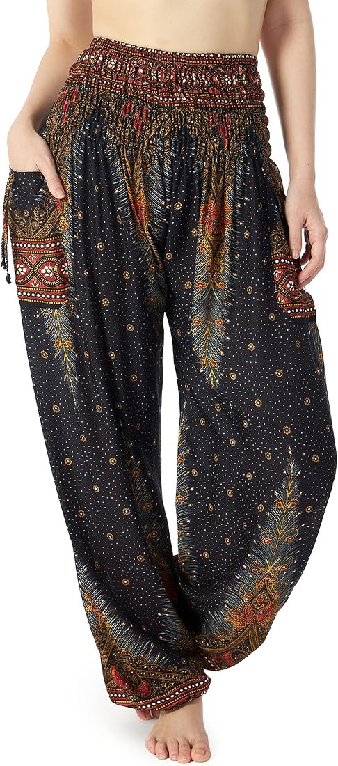 Lannaclothesdesign Women's Smocked Waist Boho Flowy Yoga Harem Pants Hippie Clothes | Amazon (US)