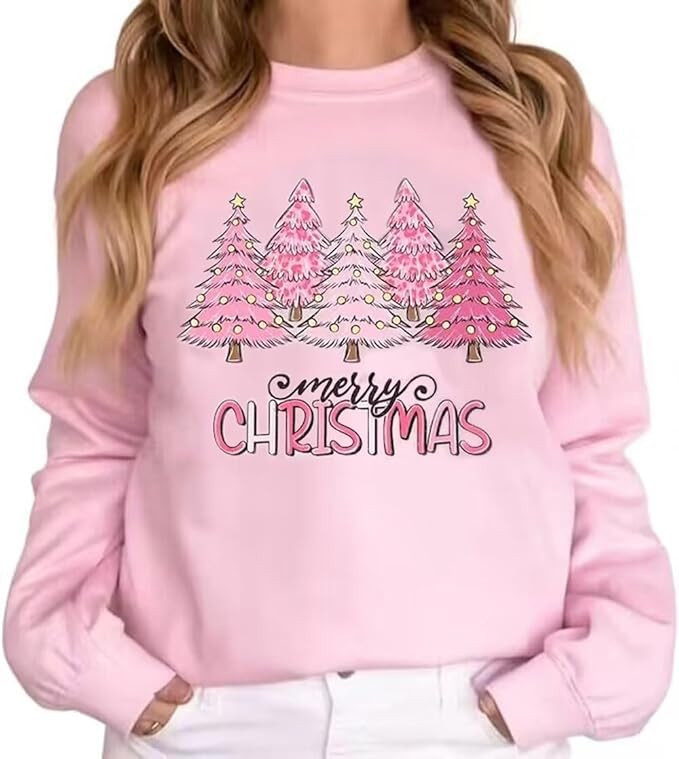 VKEGNIO Merry Christmas Sweatshirt For Women Plaid Pink Christmas Tree Cute Blouse Xmas Farm Holi... | Amazon (US)
