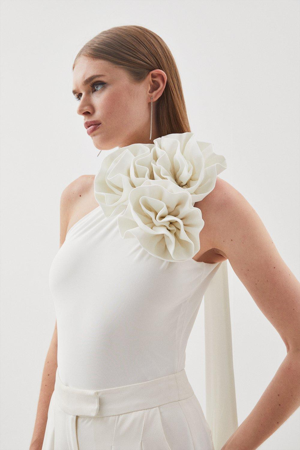 Rosette Neck Detailled Drapey Jersey Bodysuit | Karen Millen US