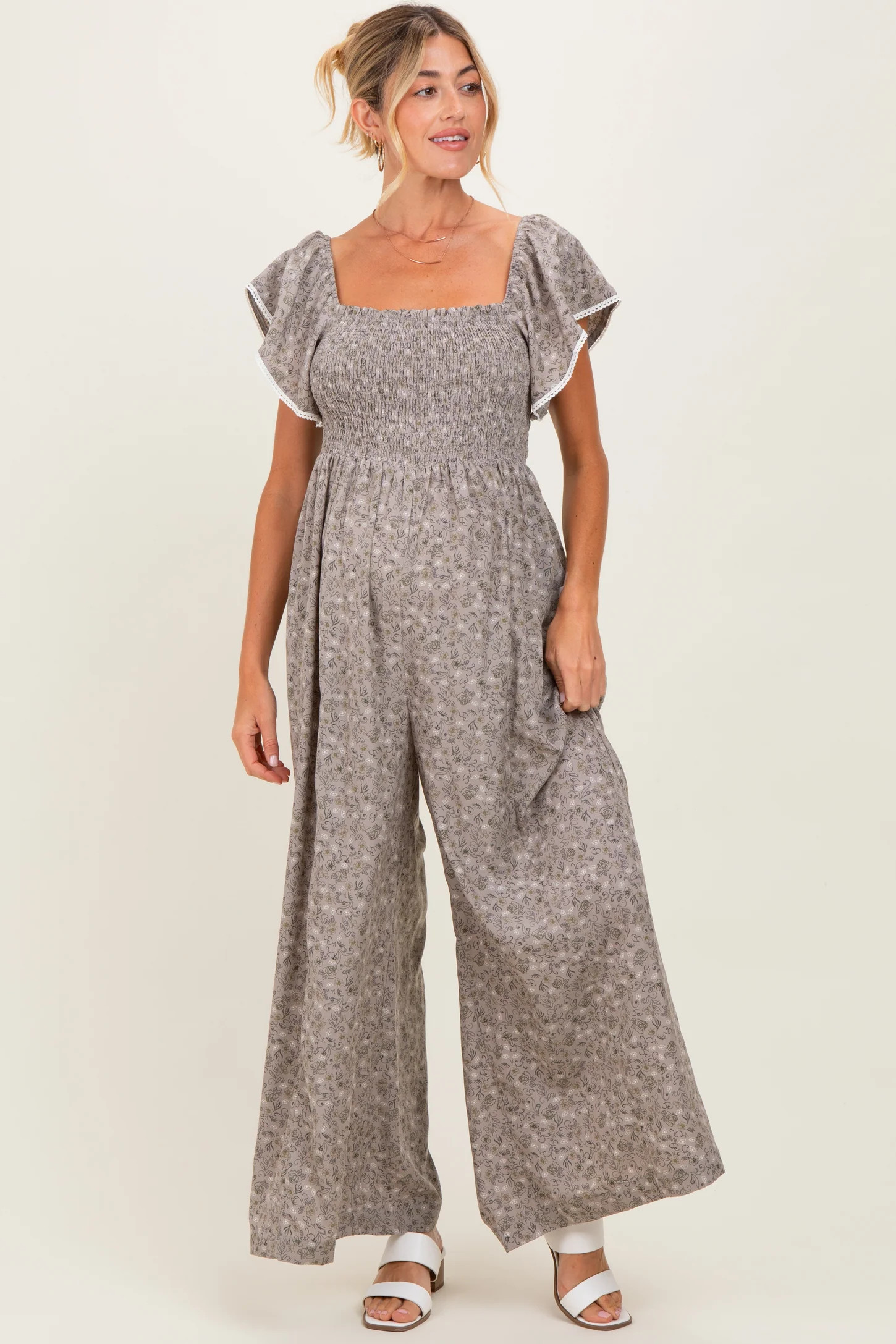 Light Taupe Floral Smocked Lace Trim Wide Leg Maternity Jumpsuit | PinkBlush Maternity