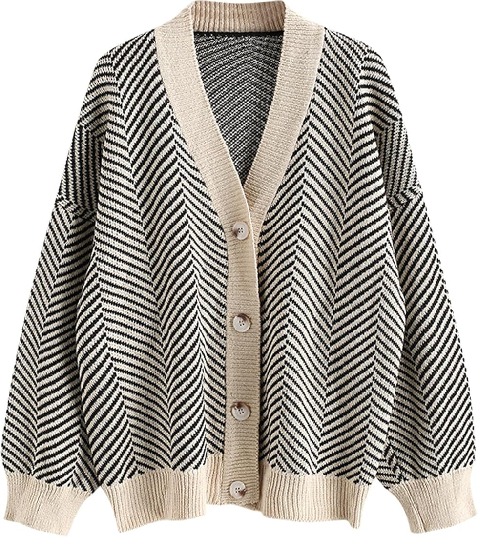 Women's Striped Cardigan Long Sleeve Button Up Open Front Knit Oversized Sweater | Amazon (US)