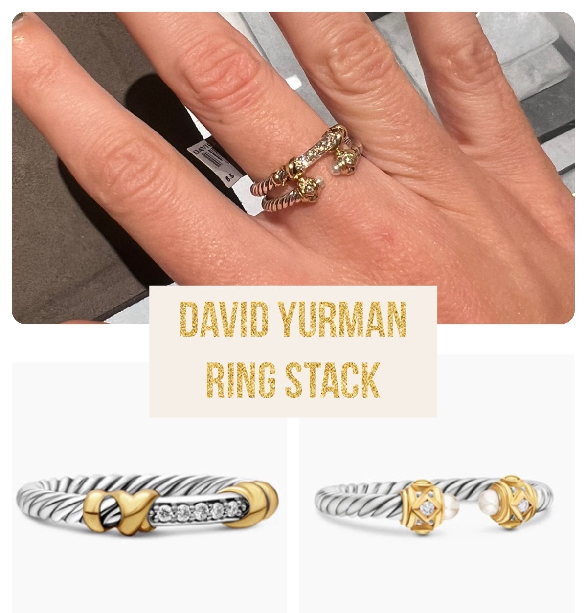 Size 6 in the renaissance open pearl ring & size 6.5 in the helena diamond top ring