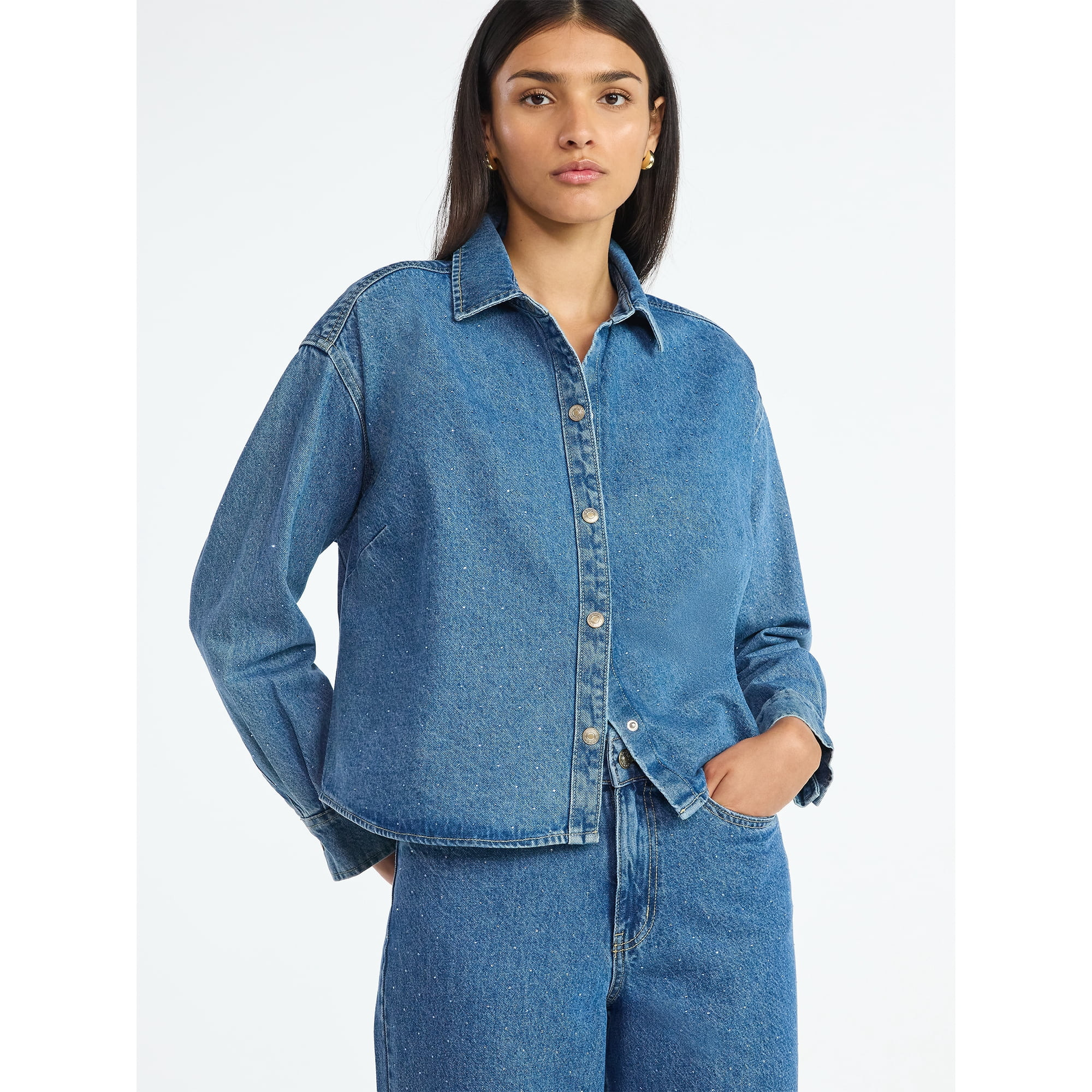 Scoop Women’s Rhinestone Embellished Cotton Denim Shirt with Long Sleeves, Sizes XS-4X - Walmar... | Walmart (US)