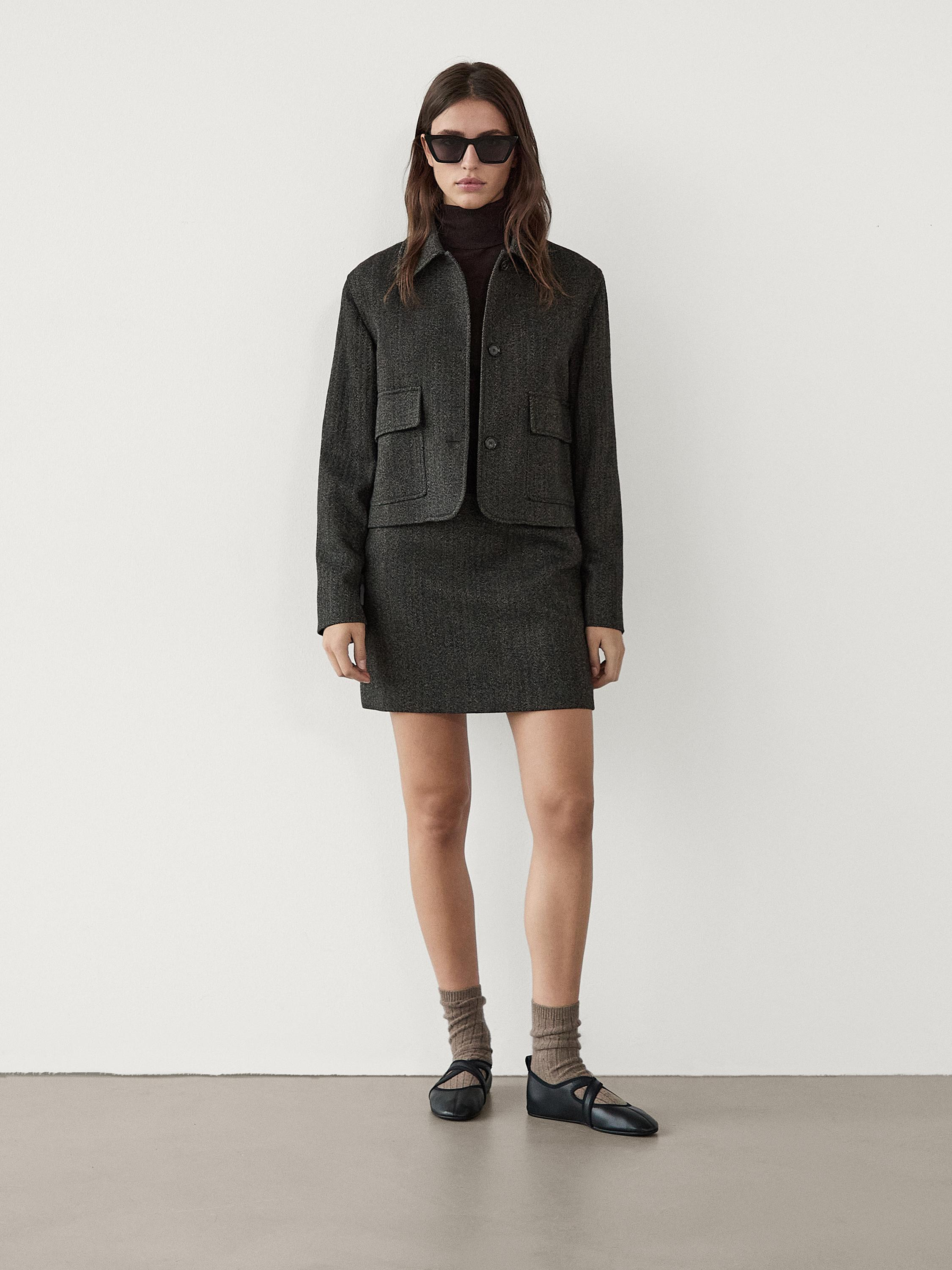 Cropped jacket with herringbone detail | Massimo Dutti US