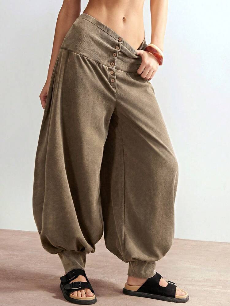 Bohemela Casual Solid Color Knitted Loose Washed Cuffed Hem Women's Long Pants | SHEIN