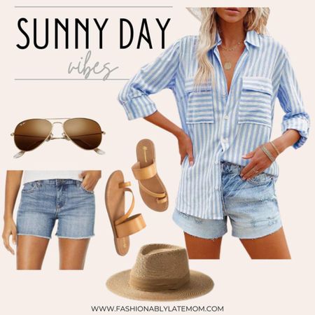 Basic summer day ootd! 
Fashionablylatemom 
Women's Slide Sandals Slip On Flat Sandals Flip Flop Thong Sandals Casual Summer Sandals
FURTALK Panama Hat Sun Hats for Women Men Wide Brim Fedora Straw Beach Hat UV UPF 50
KUT from the Kloth Gidget Fray Shorts in Consolidated
OMSJ Women's Striped Button Down Shirts Casual Long Sleeve Stylish V Neck Blouses Tops with Pockets
Pro Acme Classic Aviator Sunglasses for Men Women 100% Real Glass Lens

#LTKstyletip #LTKshoecrush