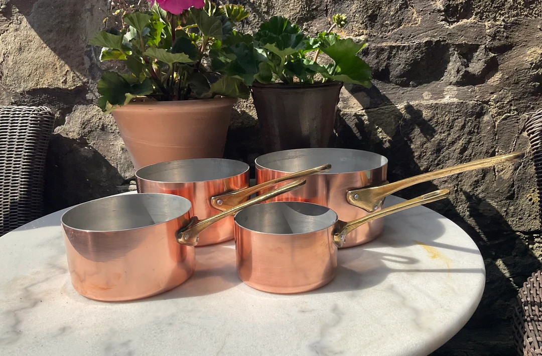 Set of four vintage french tin copper coated pans | Etsy (US)