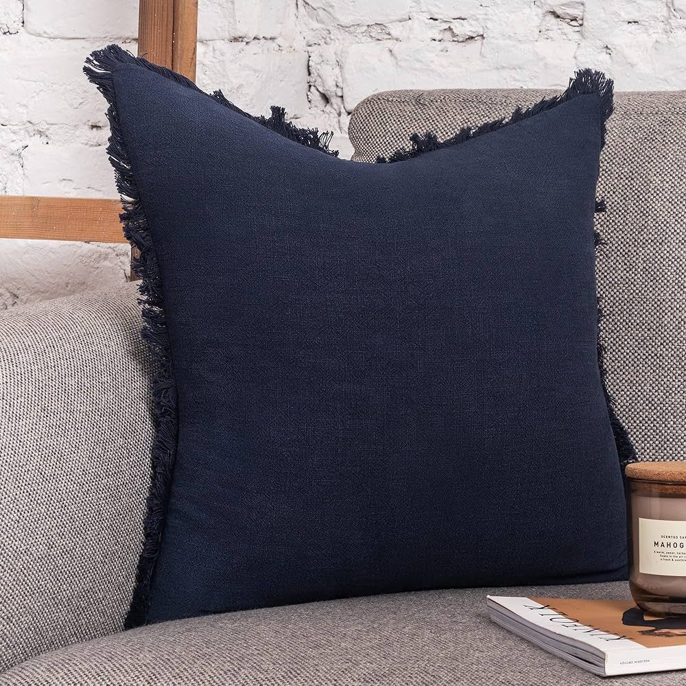 INSPIRED IVORY Decorative Linen Pillow Cover 20x20 Inch - Rustic Navy Blue Throw Pillow Cover wit... | Amazon (US)