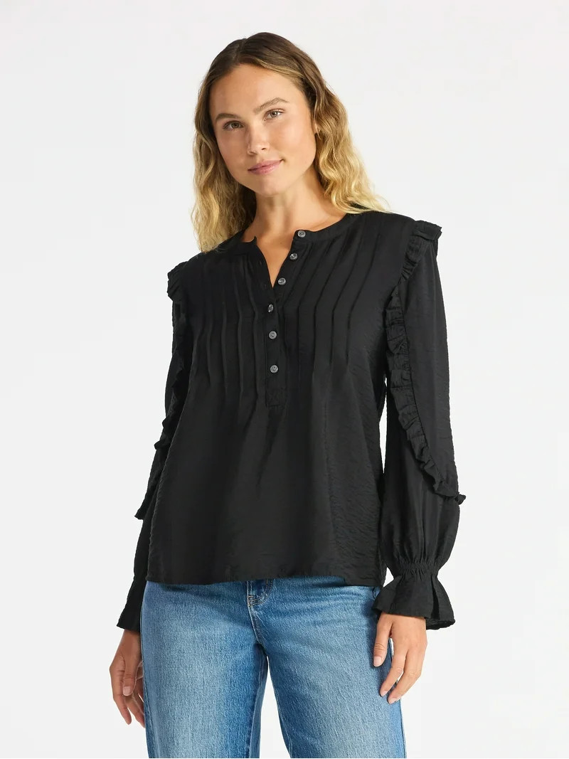 Time and Tru Women's Pintuck Ruffle Blouse with Long Sleeves, Sizes XS – XXXL | Walmart (US)