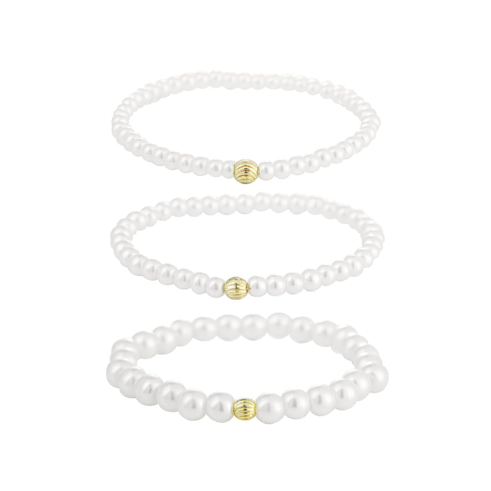 Pearl Bracelets Set - 3mm, 4mm & 6mm with Gold Alloy Beads for Fashionable Young Women, 3pcs | Amazon (US)