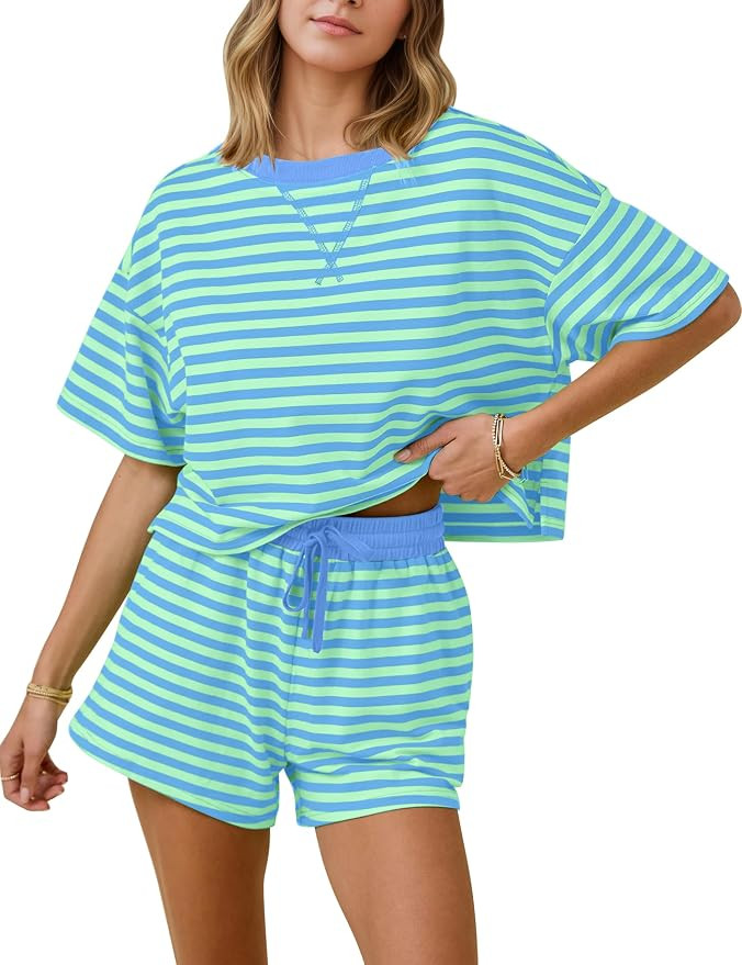 MISSACTIVER Womens Lounge 2 Piece Sets Summer Striped Matching Pajamas Set Short Sleeve Oversized... | Amazon (US)