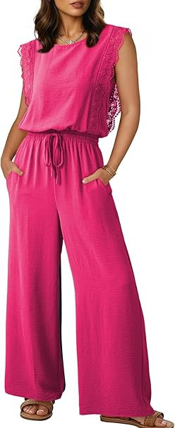 Dokotoo Womens Jumpsuits Crewneck Lace Cap Sleeve Drawstring High Waist Wide Leg Casual Rompers w... | Amazon (US)