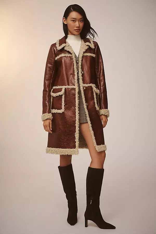 Sherpa-Trim Faux-Leather Coat Jacket | Anthropologie (US)