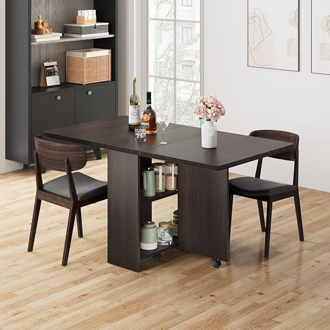 IDEALHOUSE FoldingTable, Drop Leaf Dining Table with 6 Wheels and 2-Layer Storage Shelf, Space Sa... | Amazon (US)