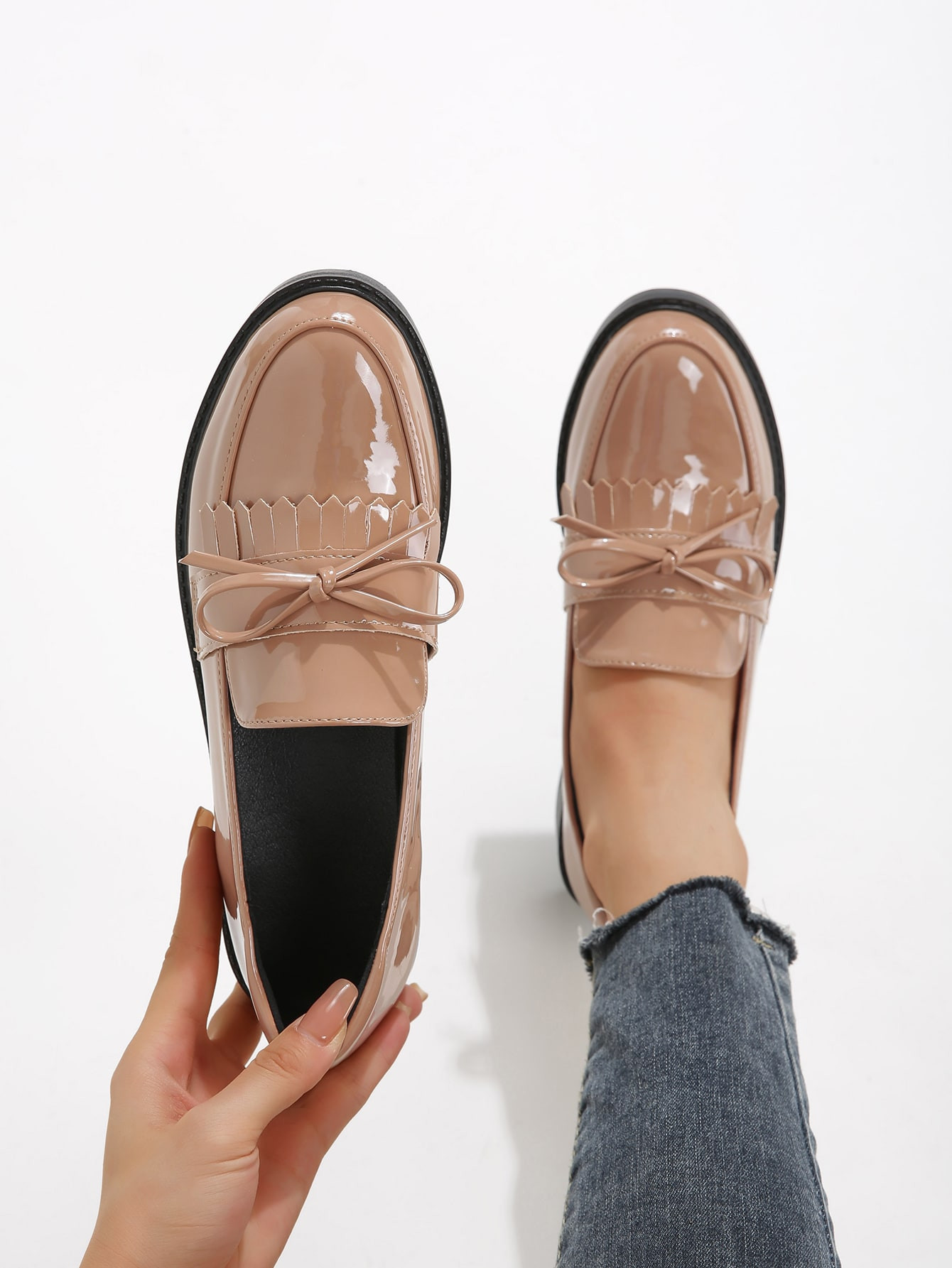 Bow Decor Fringe Detail Flat Loafers, Khaki Elegant Tassel Decor, Bowknot Design Solid Color Loaf... | SHEIN