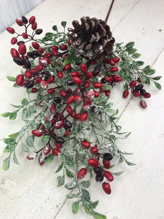Frosted Pine Cone and Berry Stem Christmas Greenery Stems - Etsy | Etsy (US)