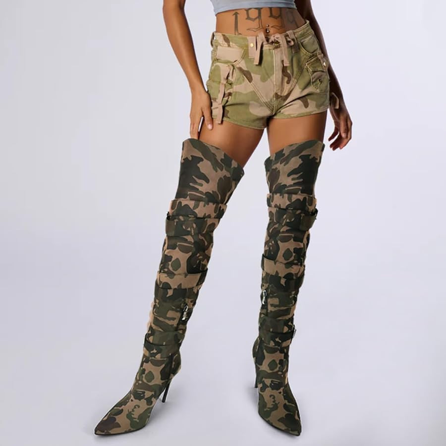 richealnini Women's Thigh High Boots with Straps Canvas Stiletto Heel Sexy Pointed Toe Party Ridi... | Amazon (US)