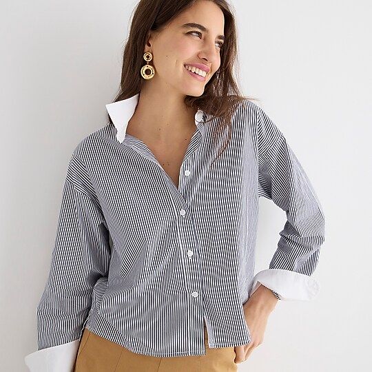 Relaxed-fit cropped cotton poplin shirt in stripe | J.Crew US