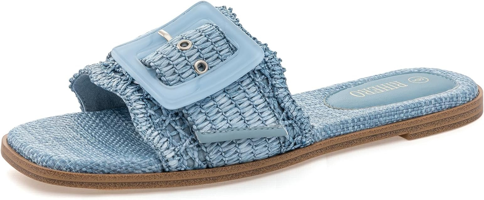 Rihero Women's Raffia Flat Sandals Square Open Toe Summer Beach Slip On Woven Buckle Slide Sandal... | Amazon (US)