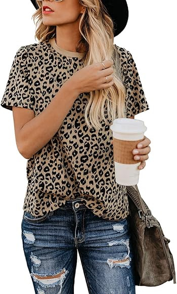Blooming Jelly Womens Leopard Print Tops Short Sleeve Round Neck Casual T Shirts Tees | Amazon (US)