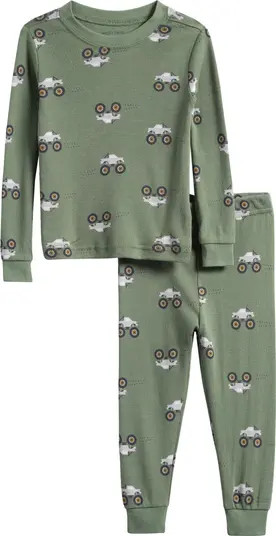 Petit Lem Monster Truck Print Fitted Two-Piece Organic Cotton Pajamas | Nordstrom | Nordstrom