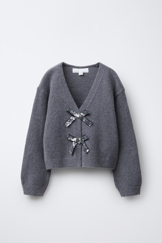 V-NECK KNIT CARDIGAN WITH SHIMMERING BOWS | Zara UK