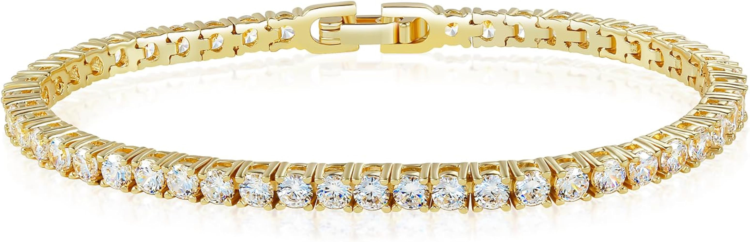 14K White/Yellow Gold Plated Cubic Zirconia Classic Tennis Bracelet for Women 3mm CZ stones,adjus... | Amazon (US)