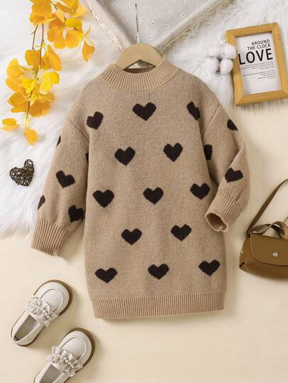 Young Girl Casual Warm Heart Print Crew Neck Long Sleeve Knit Sweater Dress, Autumn/Winter | SHEIN