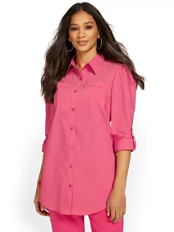 NY & Co Women's Puff-Sleeve Madison Tunic Shirt Bright Pink Size X-Small Spandex/Polyester/Cotton | New York & Company