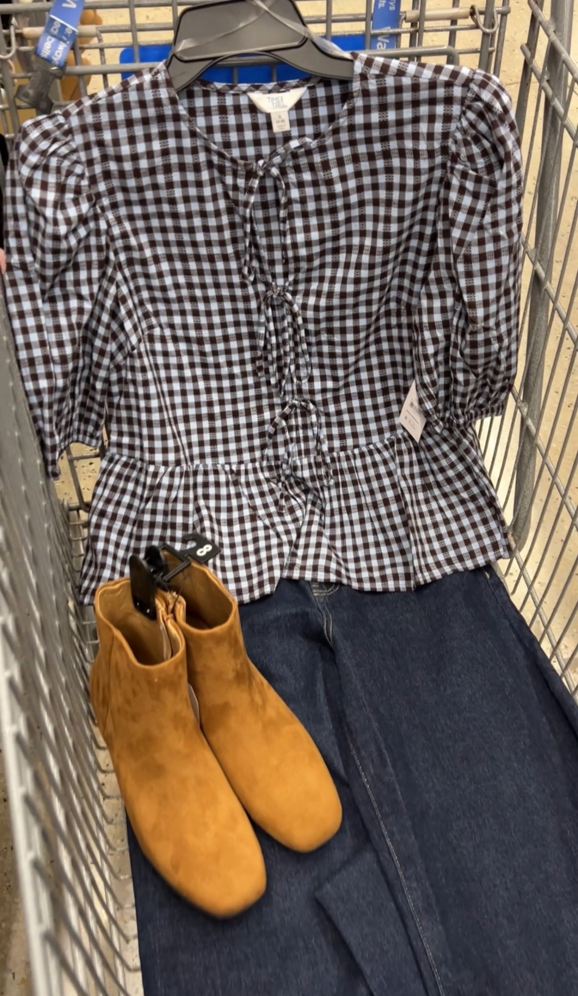 Walmart fall outfit idea with this gingham check peplum top that has the prettiest on trend bow detail. Lightweight, not warm. Love these jeans, just $17, not too wide, tall girl friendly (I’m 5’8”). Boots are my go to when I’m not wearing sneakers lol! #walmartfashion Thanksgiving teacher outfit 

#LTKStyleTip #LTKFindsUnder50 #LTKFindsUnder100