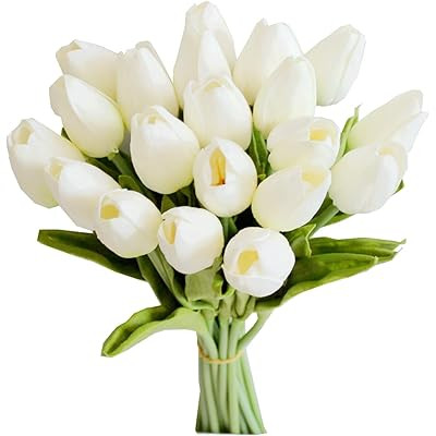 SOJIRUSPA White Tulips Artificial Flowers 20 Pcs Fake Tulips PU Real Touch Tulip Fake Flowers for Ho | Amazon (US)