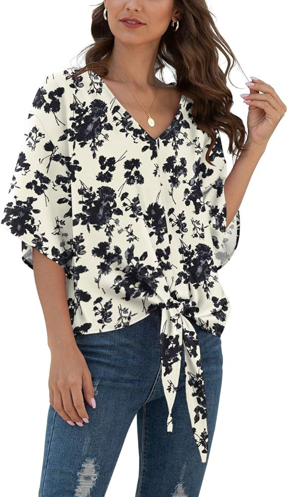 VIISHOW Womens Tie Front Chiffon Blouses V Neck Batwing Short Sleeve Summer Tops Shirts | Amazon (US)