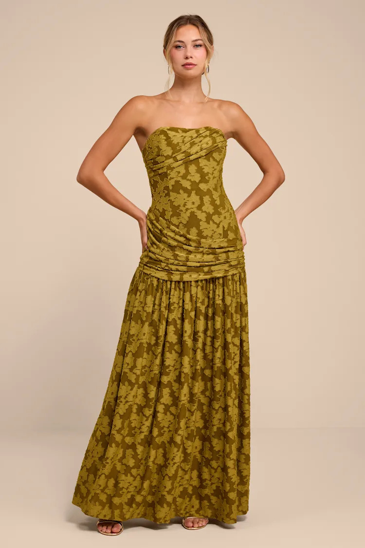 Anaiis Olive Green Floral Burnout Strapless Maxi Dress | Lulus