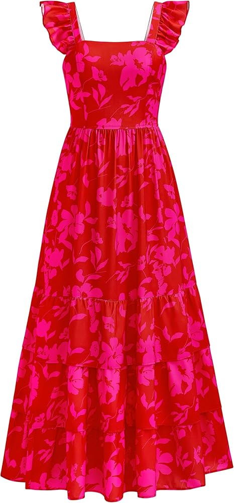 dowerme Summer Dresses for Women 2026 Casual Ruffle Smocked Tiered A-Line Boho Floral Maxi Beach ... | Amazon (US)